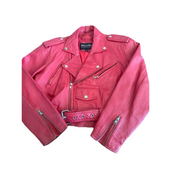 Vtg Leather Biker Jacket Red Motorcycle 80s 90s Punk Wilsons Cropped Medium FLAW - Picture 1 of 13